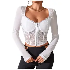 GARSIL - Crop Top Estilo Corset Para Mujer Con Manga Larga Y Encaje