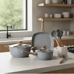 GENERICO - Bateria De Cocina 9 Piezas Antiadherente Ceramica Marmolada