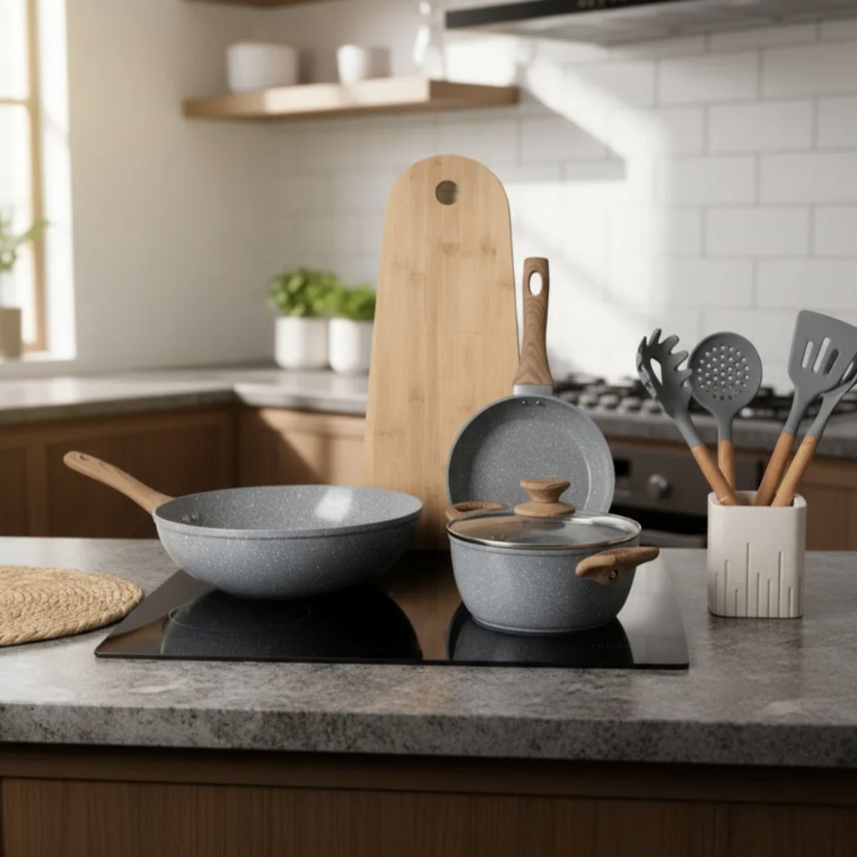 GENERICO - Bateria De Cocina 8 Piezas Antiadherente Ceramica Marmolada