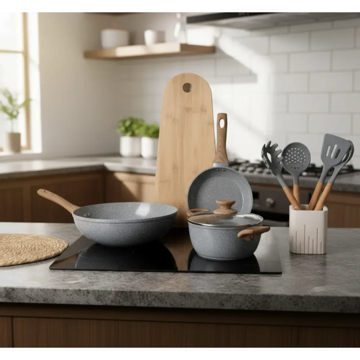 GENERICO - Bateria De Cocina 8 Piezas Antiadherente Ceramica Marmolada