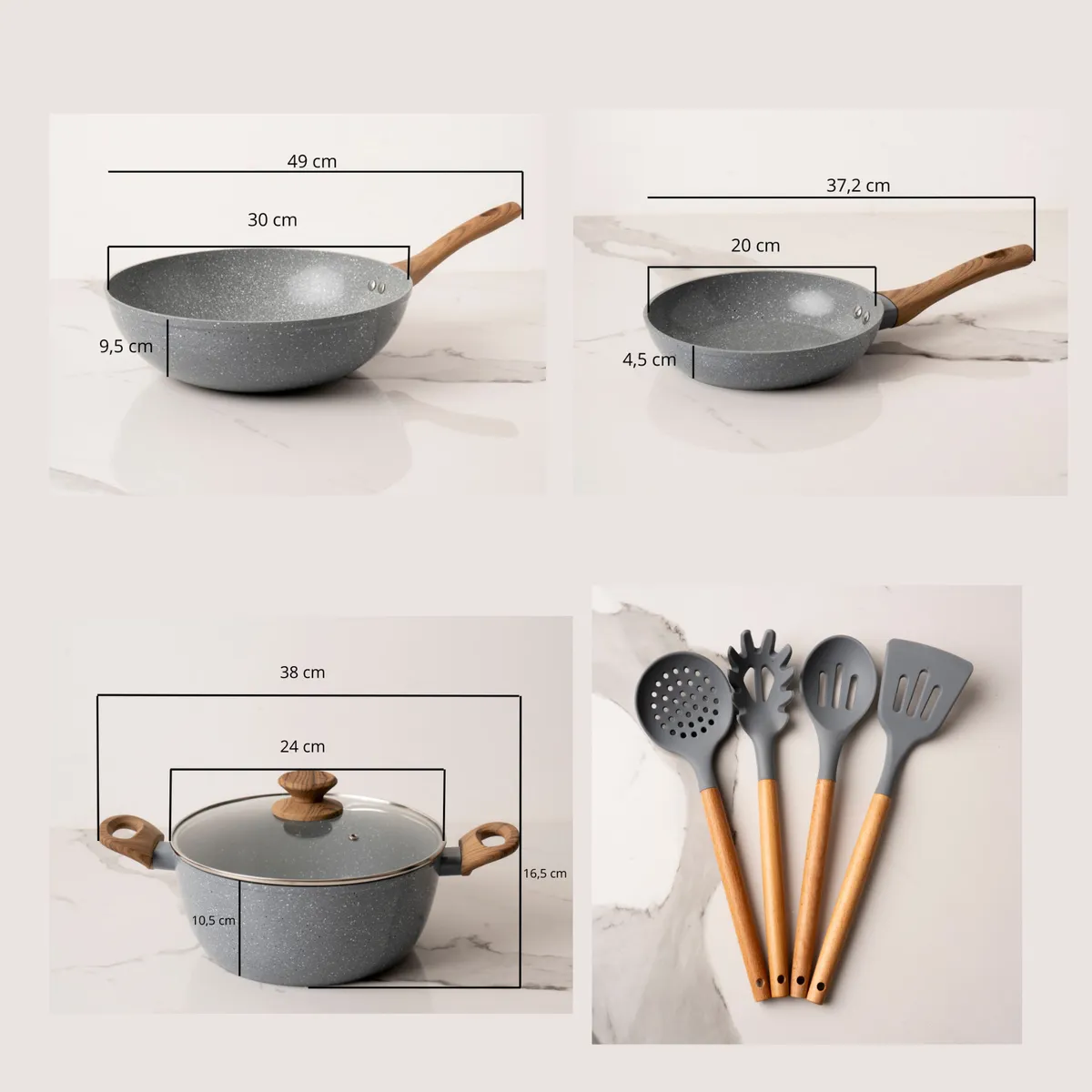 GENERICO - Bateria De Cocina 8 Piezas Antiadherente Ceramica Marmolada