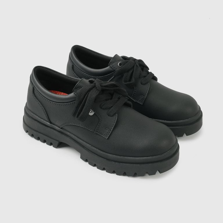 Zapato Escolar Negro de Cuero con Plataforma y Cordones Niña