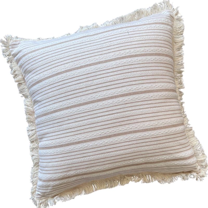 MANDIRHOME - Funda de Cojín Natural Lino Listado Fleco Beige 45x45cms