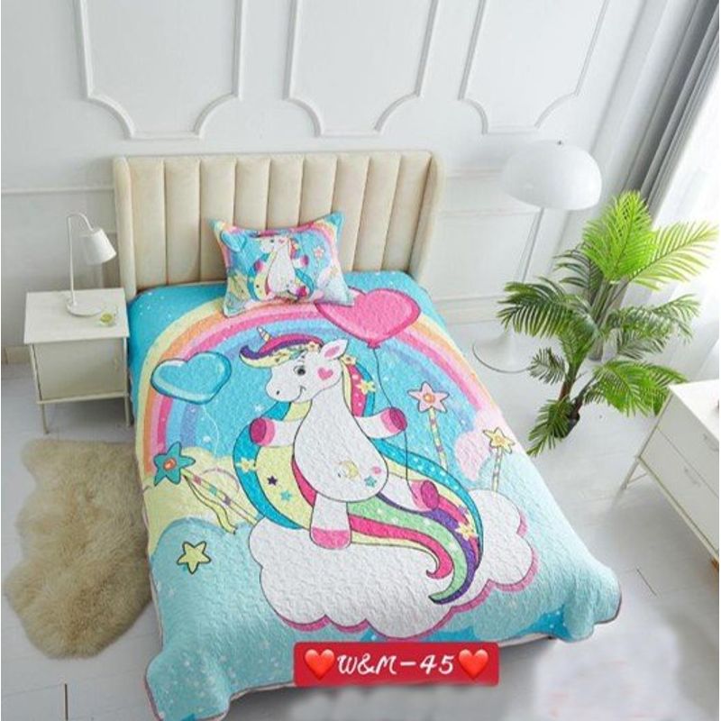 GENERICO - CUBRECAMA QUILT DE VERANO 3D DE 1.5 PLAZA DISEÑO UNICORNIO CORAZON WYM