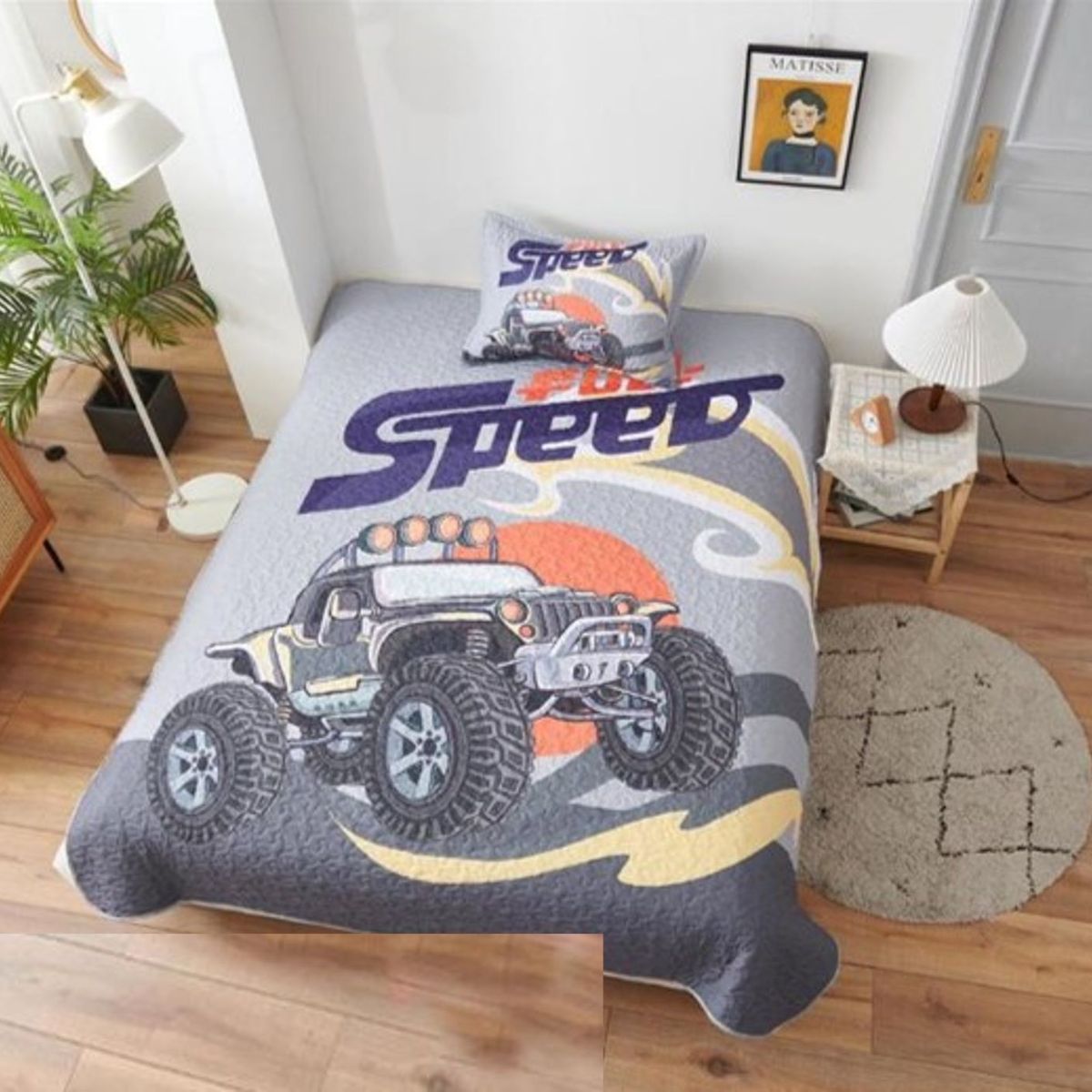 GENERICO - CUBRECAMA QUILT DE VERANO 3D DE 1.5 PLAZA DISEÑO MONSTER CAR WYM