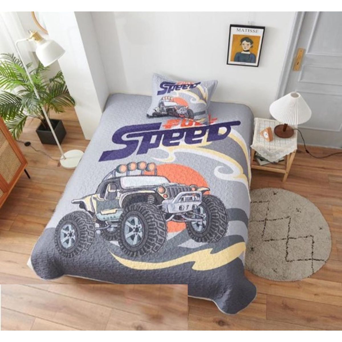 GENERICO - CUBRECAMA QUILT DE VERANO 3D DE 1.5 PLAZA DISEÑO MONSTER CAR WYM