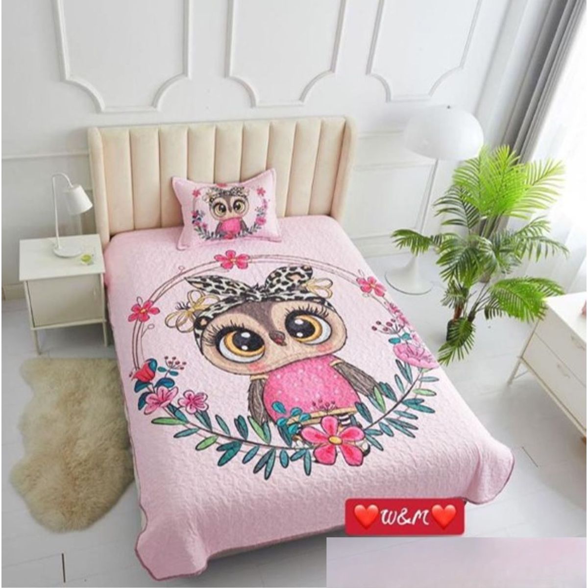 GENERICO - CUBRECAMA QUILT DE VERANO 3D DE 1.5 PLAZA DISEÑO BUHO ROSA WYM