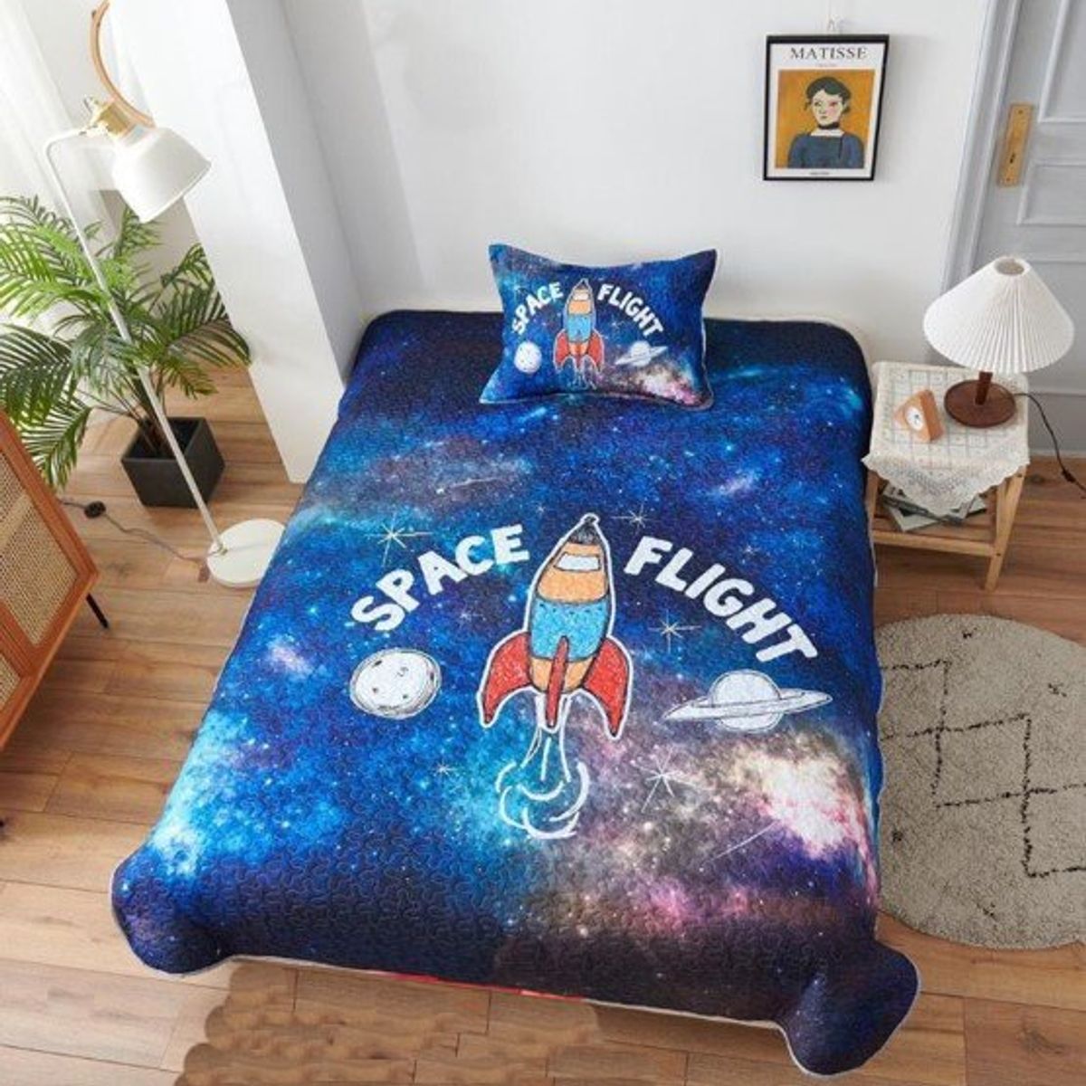 GENERICO - CUBRECAMA QUILT DE VERANO 3D DE 1.5 PLAZA DISEÑO COHETE ESPACIAL WYM