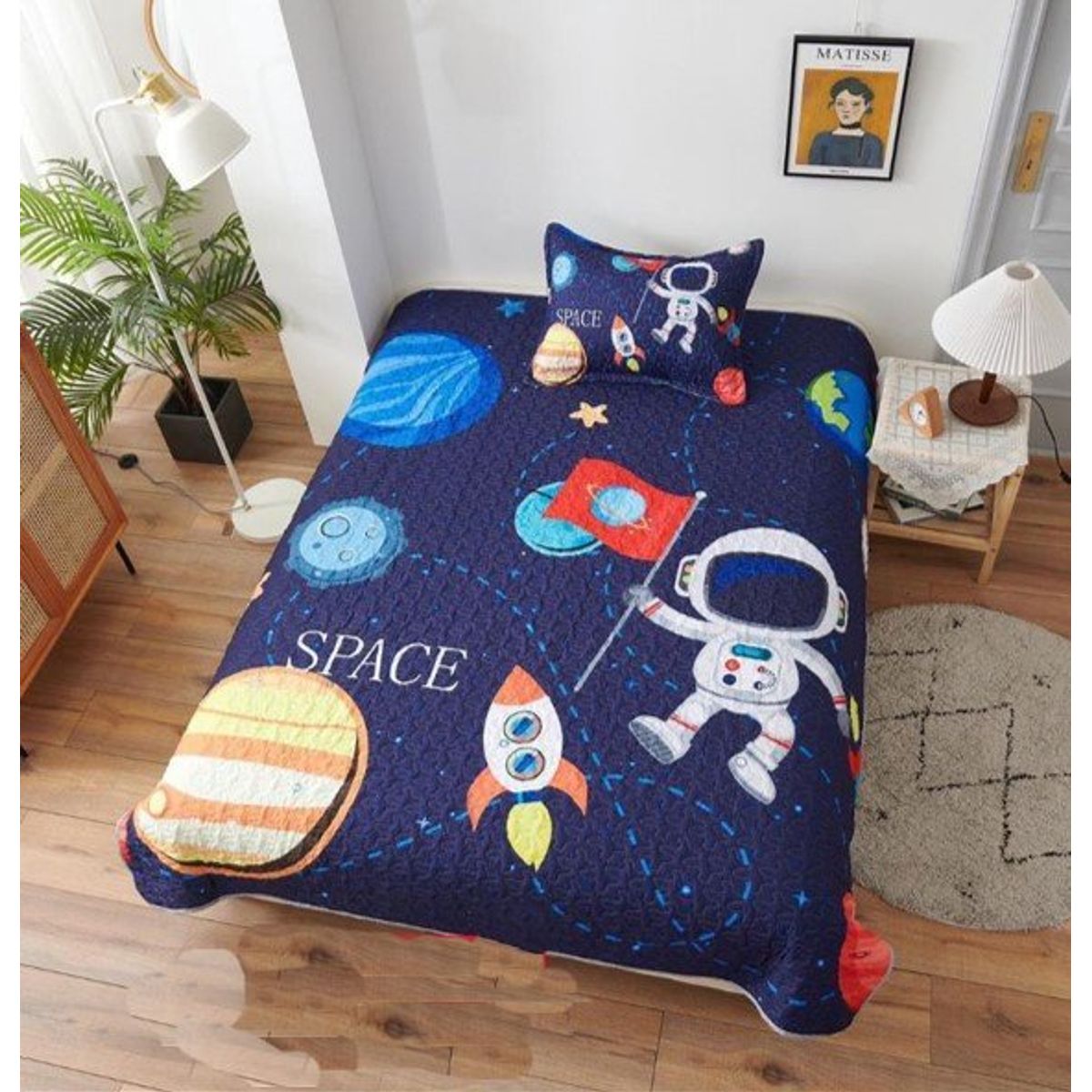 GENERICO - CUBRECAMA QUILT DE VERANO 3D DE 1.5 PLAZA DISEÑO ASTRONAUTA WYM