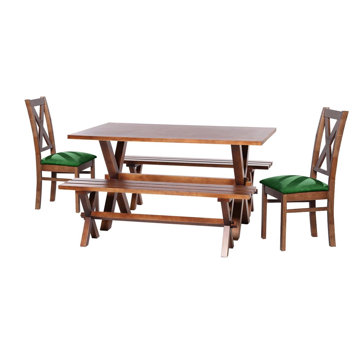 LATAM HOME - Juego De Comedor Sevilla 2 Sillas Segovia + 2 Bancas Tela Velvet Verde