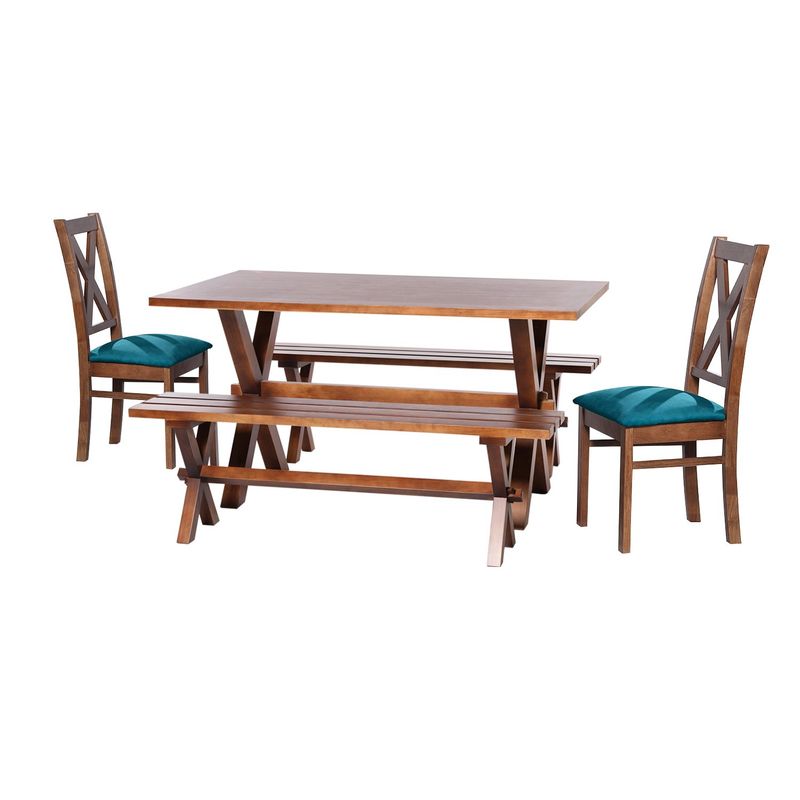 LATAM HOME - Juego De Comedor Sevilla 2 Sillas Segovia 2 Bancas Tela Azul Petroleo
