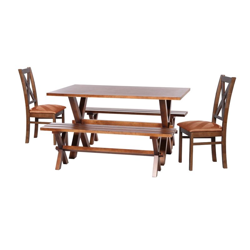 LATAM HOME - Juego De Comedor Sevilla 2 Sillas Segovia + 2 Bancas Cuero Cafe Claro