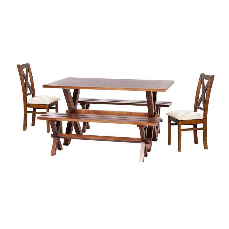 LATAM HOME - Juego De Comedor Sevilla 2 Sillas Segovia + 2 Bancas Tela Lino Blanco
