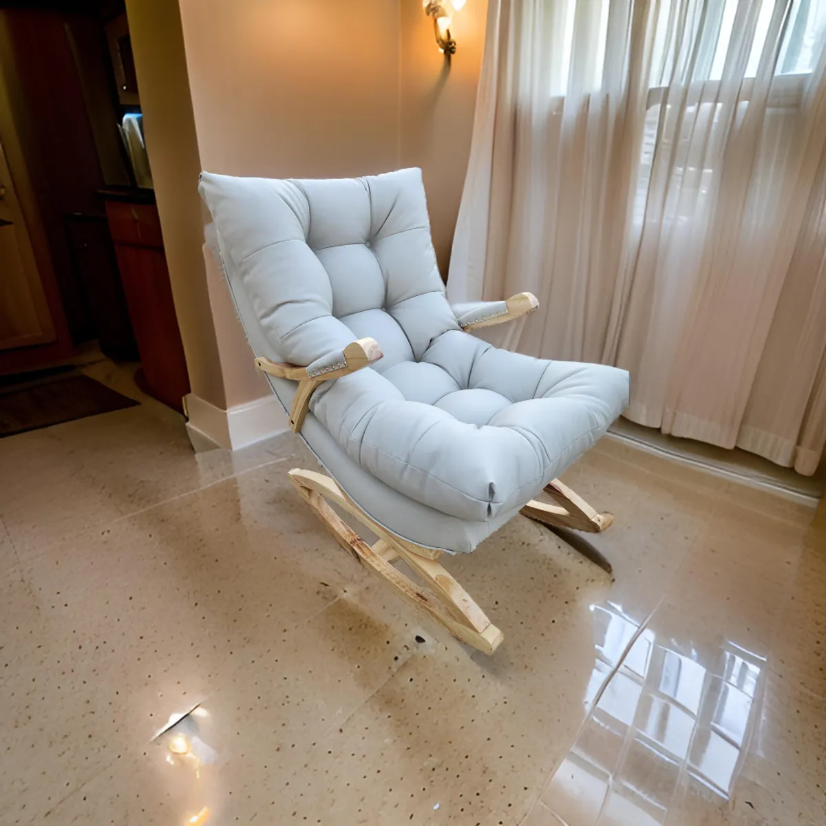 MUEBLES NEW - SILLA MECEDORA COQUETTE CON APOYA BRAZO BLANCO ECOCUERO.