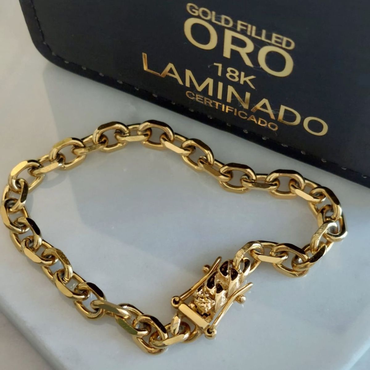 GENERICO - Pulsera ORO LAMINADO 18K Tejido ESLABÓN FACETADO Con BROCHE CAJÓN
