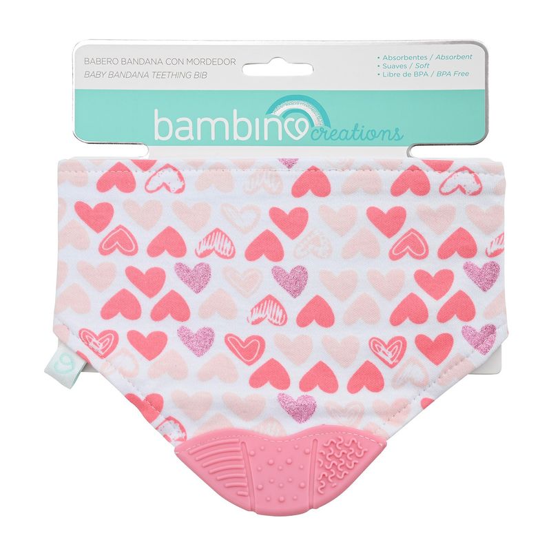BAMBINO - Babero Bandana con Mordedor Corazones Bambino Rosado