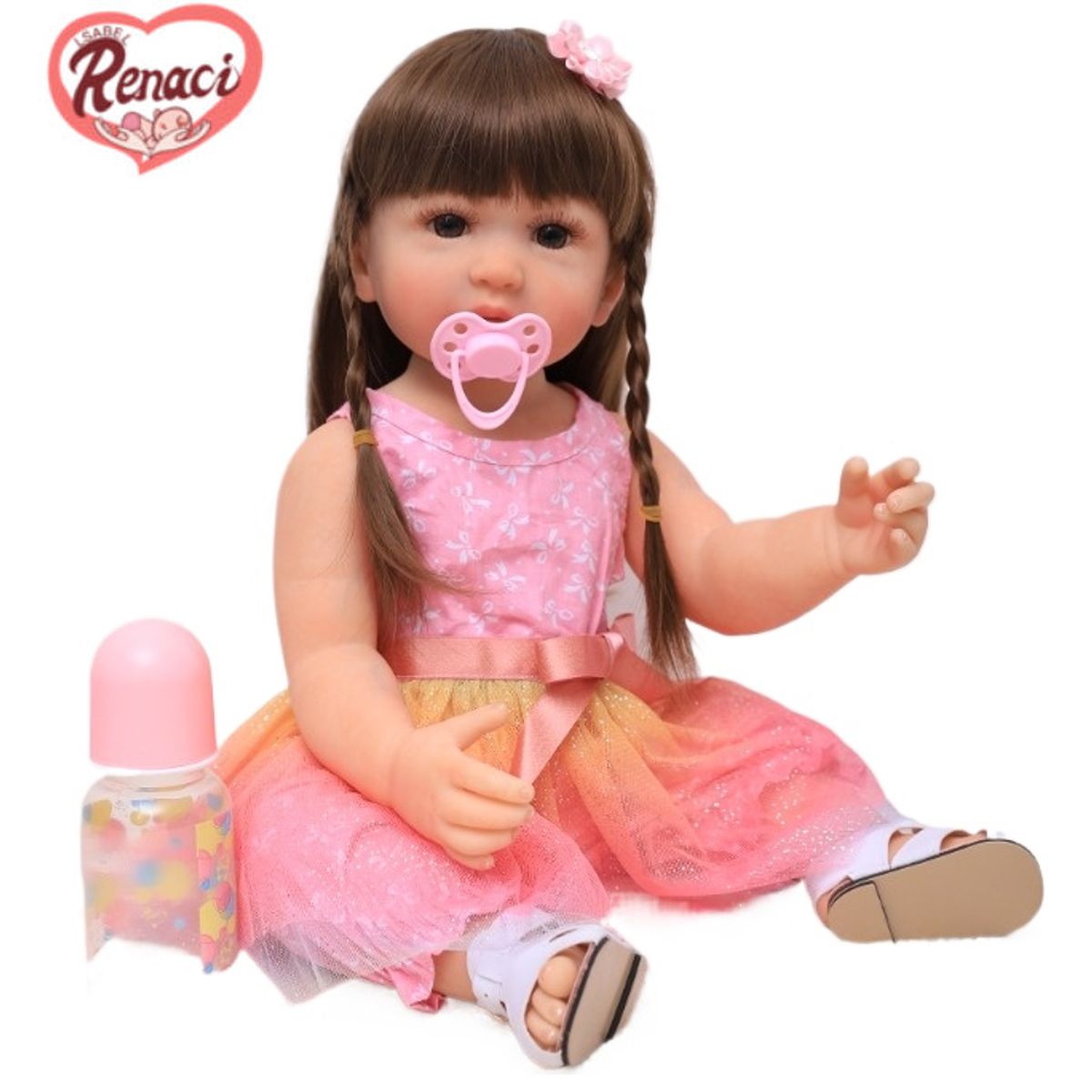 LSABEL RENACI - Muñeca Reborn Niña Vestido Rosa Y Trenzas 55cm