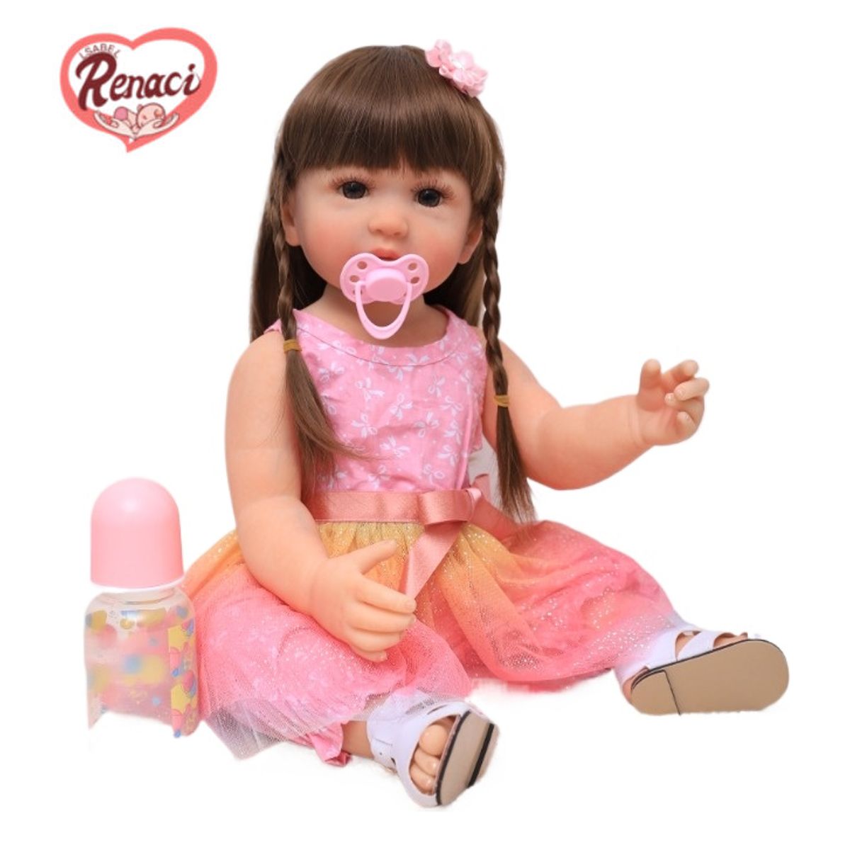 LSABEL RENACI - Muñeca Reborn Niña Vestido Rosa Y Trenzas 55cm