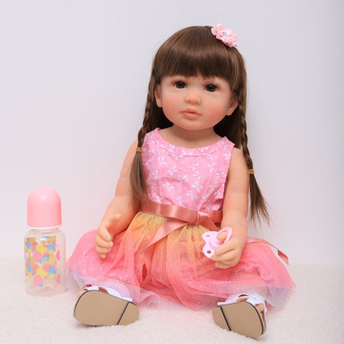 LSABEL RENACI - Muñeca Reborn Niña Vestido Rosa Y Trenzas 55cm