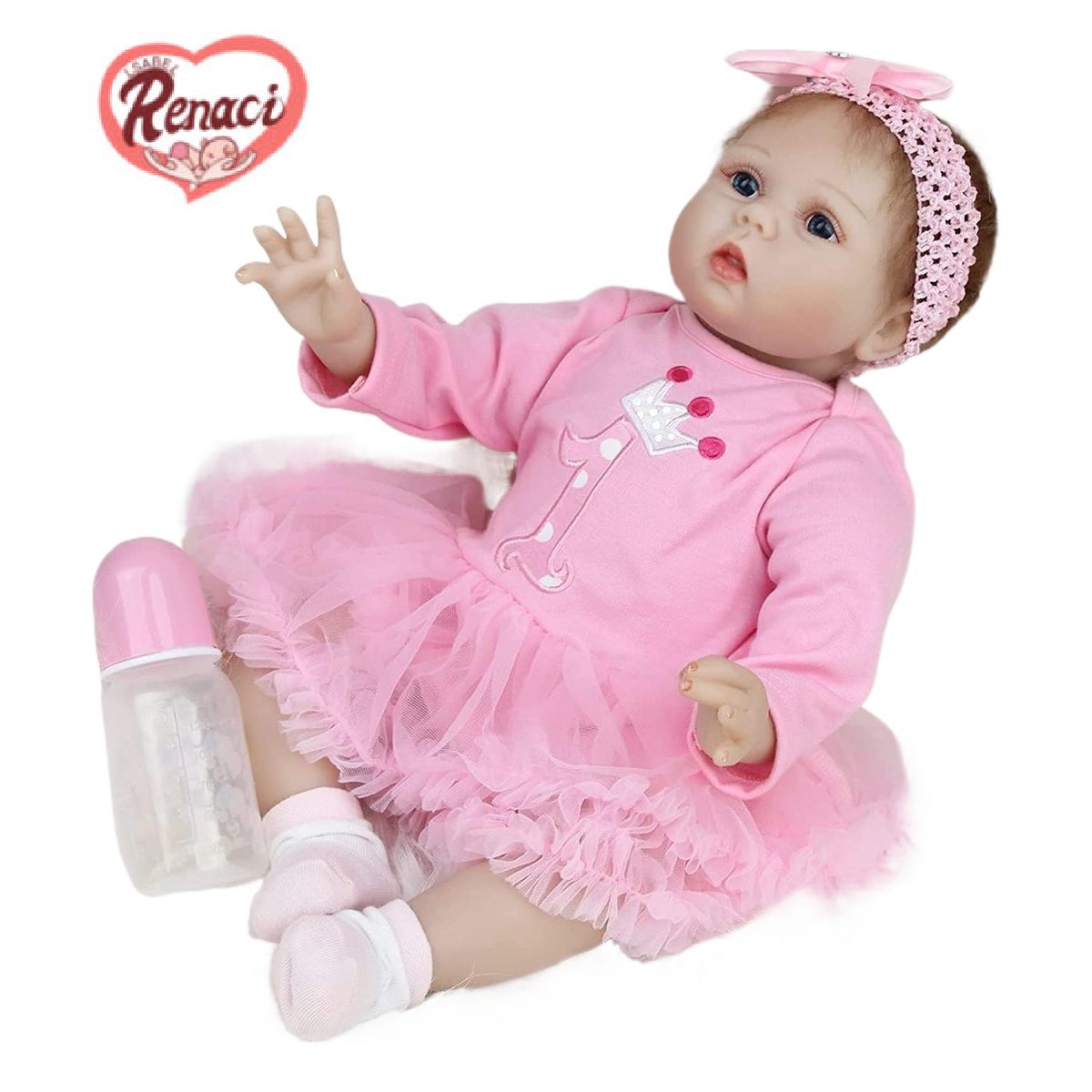 LSABEL RENACI - Muñeca Reborn Niña Falda Rosa Con Lazo 55cm