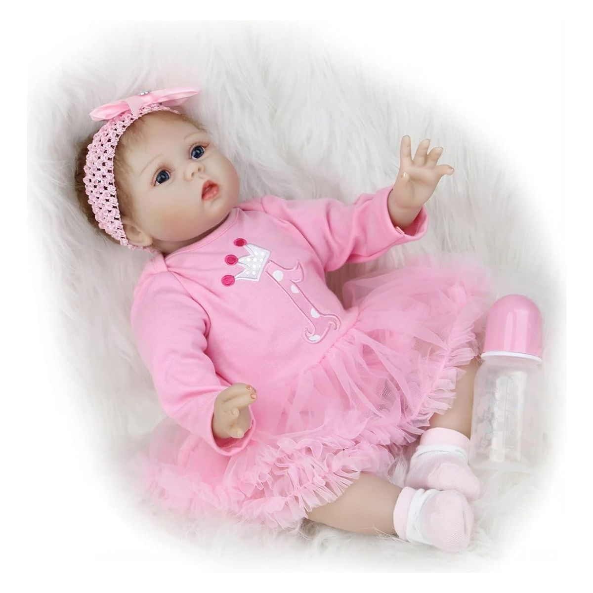 LSABEL RENACI - Muñeca Reborn Niña Falda Rosa Con Lazo 55cm