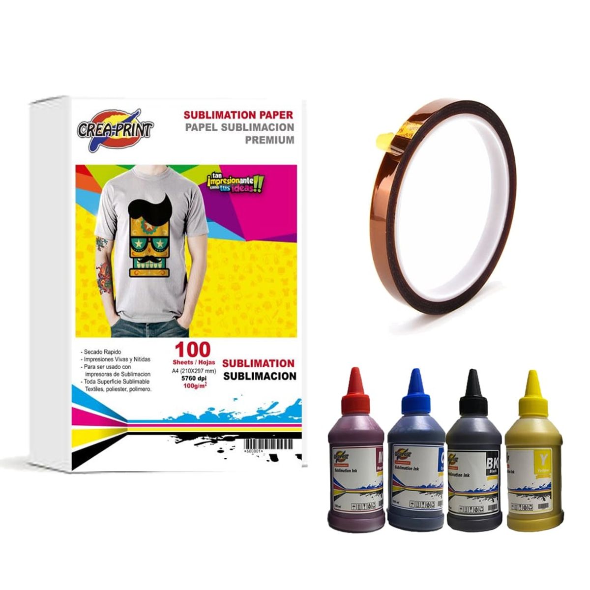 CREA PRINT - Pack De Sublimacion 100 Hojas A4 + Pack De Tintas + Tape Ter