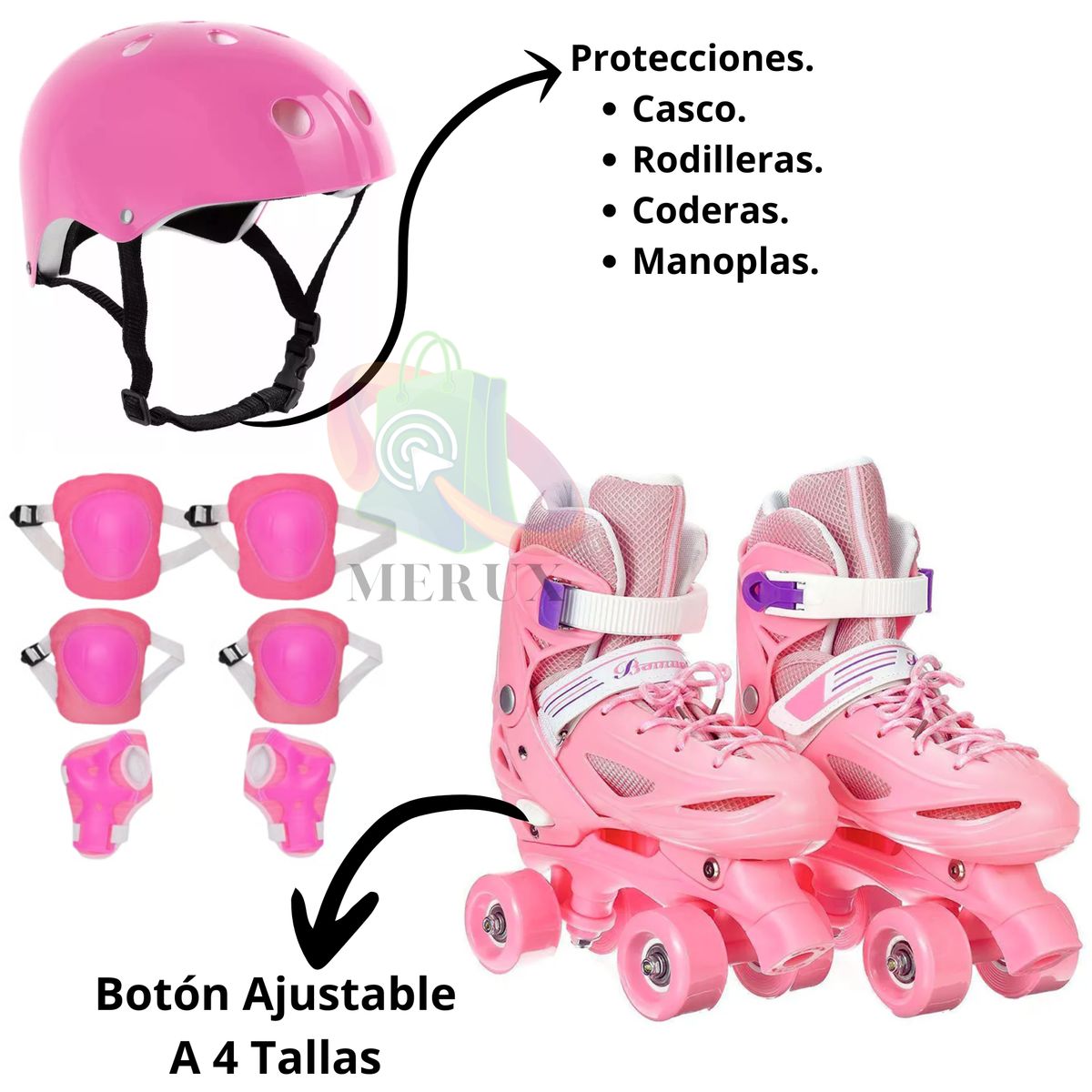 GENERICO - Patines 4 Ruedas Ajustables Rosado S(30-33) Mas Protecciones