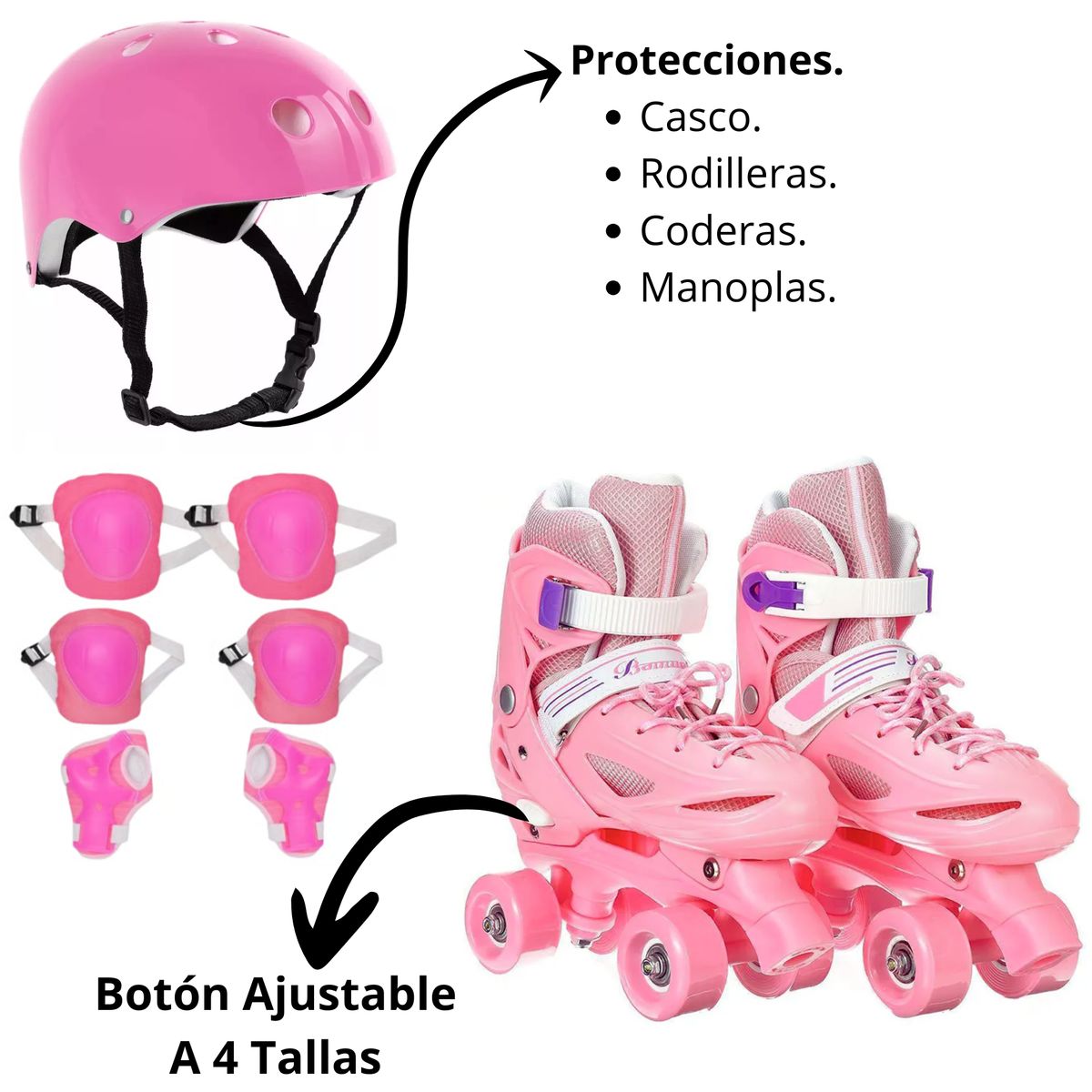 GENERICO - Patines 4 Ruedas Ajustables Rosado M(33-36) Mas Protecciones