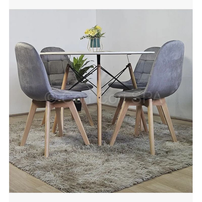 GENERICO - Comedor Mesa Blanca 100cm + 4 Sillas Capitonne Velvet Grises