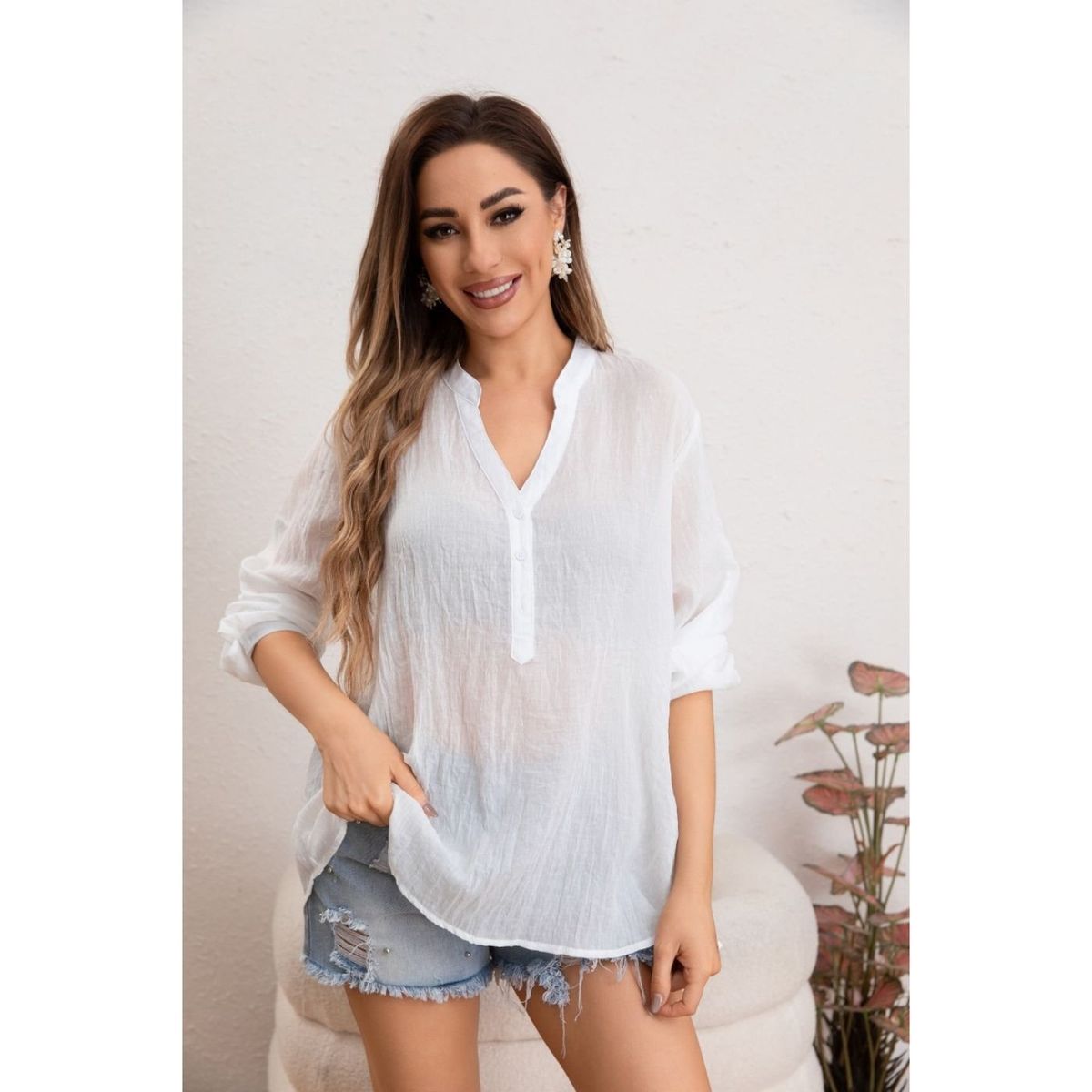 LIKE SHOP - Blusa Mujer Tendencia Lino Algodón Premium Liviana Botones Textura 053