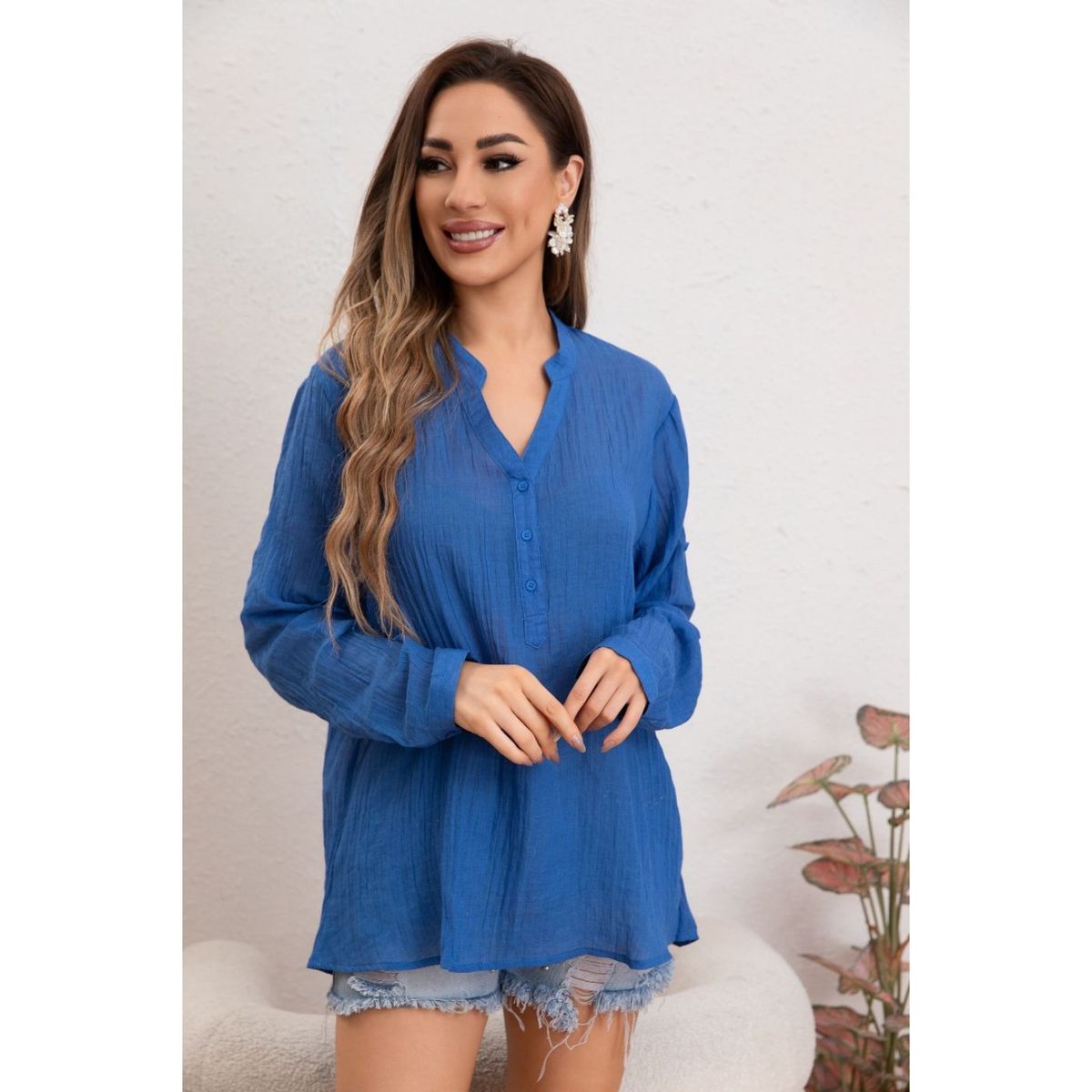 LIKE SHOP - Blusa Mujer Tendencia Lino Algodón Premium Liviana Botones Textura 053