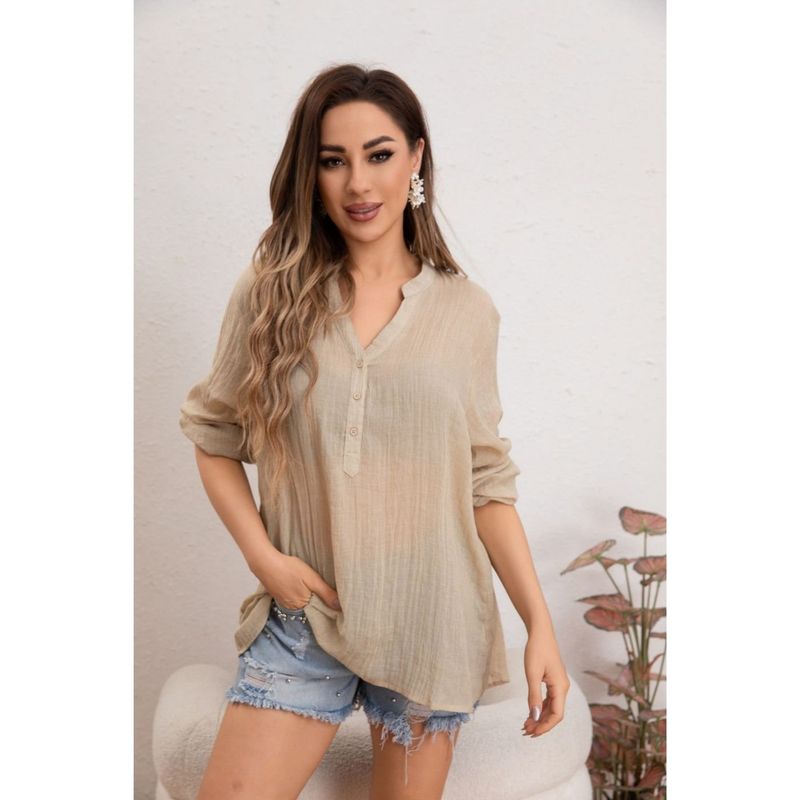 MPROPIA - Blusa Mujer Tendencia Lino Algodón Premium Liviana Botones Textura 053