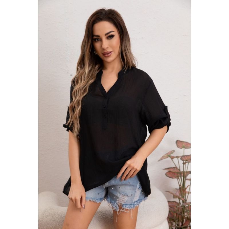 MPROPIA - Blusa Mujer Tendencia Lino Algodón Premium Liviana Botones Textura 053