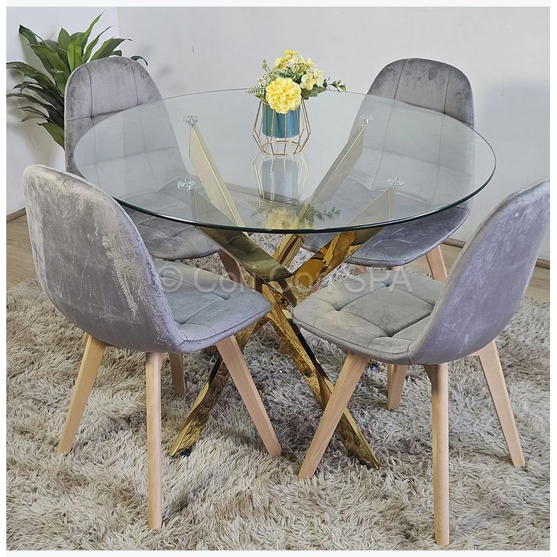 GENERICO - Comedor Mesa Warwick Gold 120cm + 4 Sillas Capitonne Velvet Grises