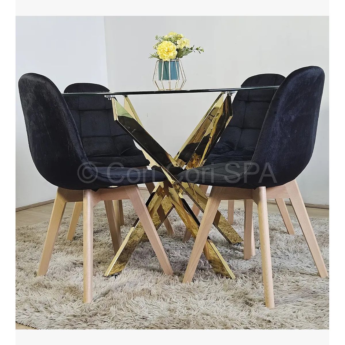 CORI CORI - Comedor Mesa Dubai Gold 100cm + 4 Sillas Capitonne Velvet Negro