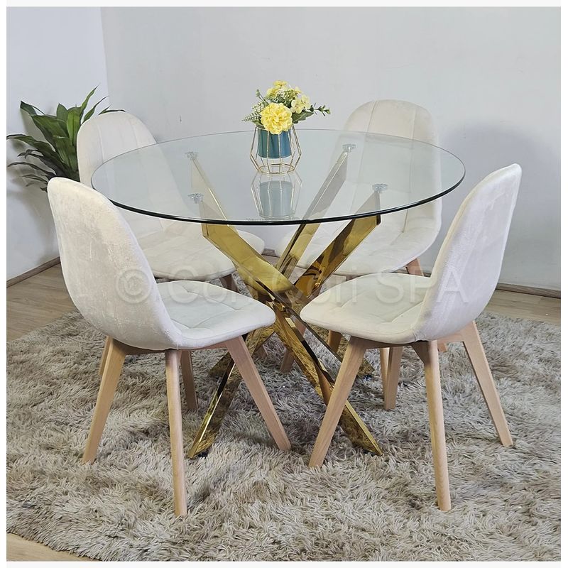 GENERICO - Comedor Mesa Warwick Gold 100cm + 4 Sillas Capitonne Velvet Beige