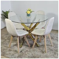 GENERICO - Comedor Mesa Warwick Gold 100cm + 4 Sillas Capitonne Velvet Beige