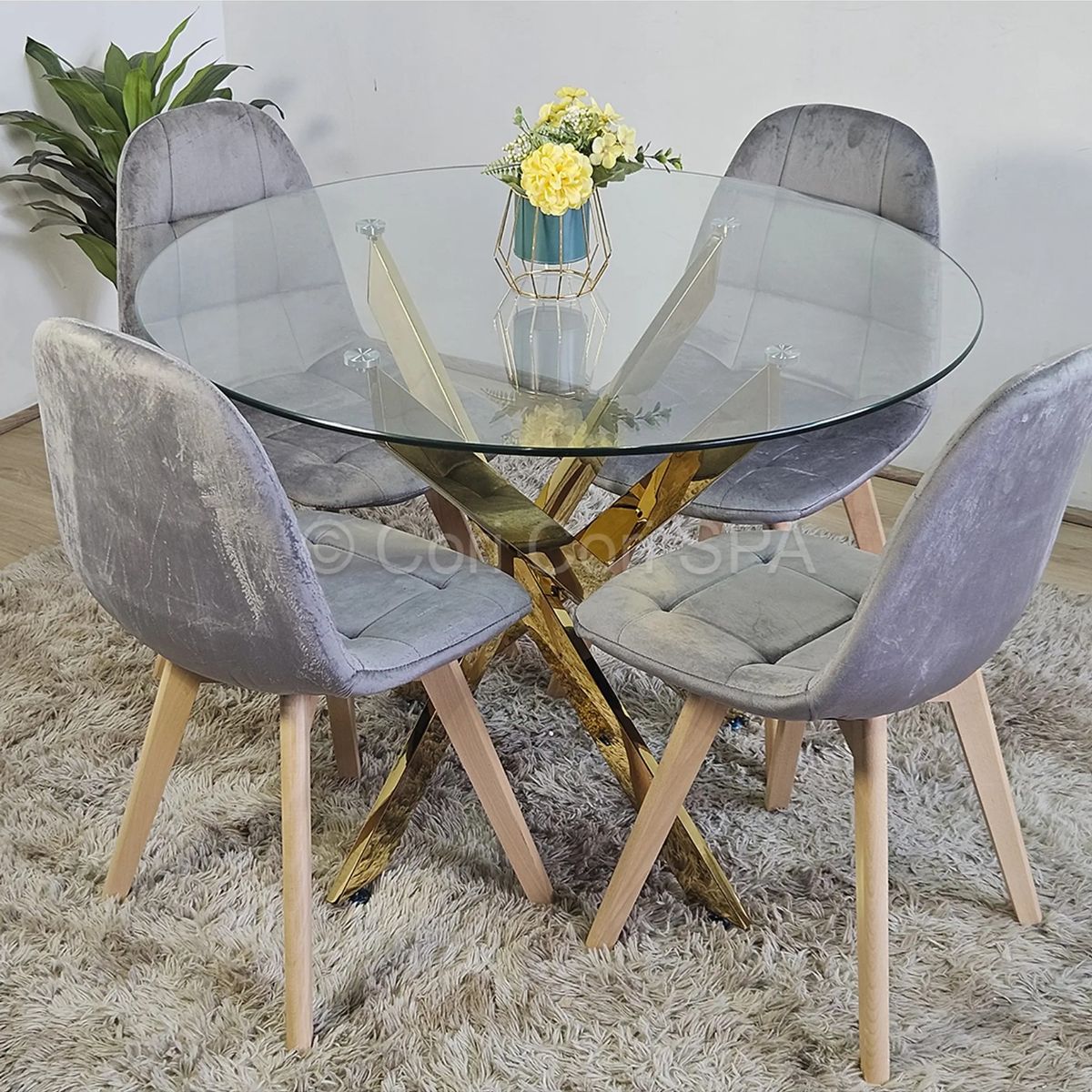 CORI CORI - Comedor Mesa Dubai Gold 100cm + 4 Sillas Capitonne Velvet Grises