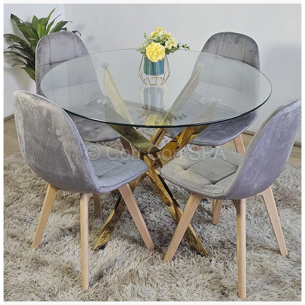 CORI CORI - Comedor Mesa Dubai Gold 100cm + 4 Sillas Capitonne Velvet Grises