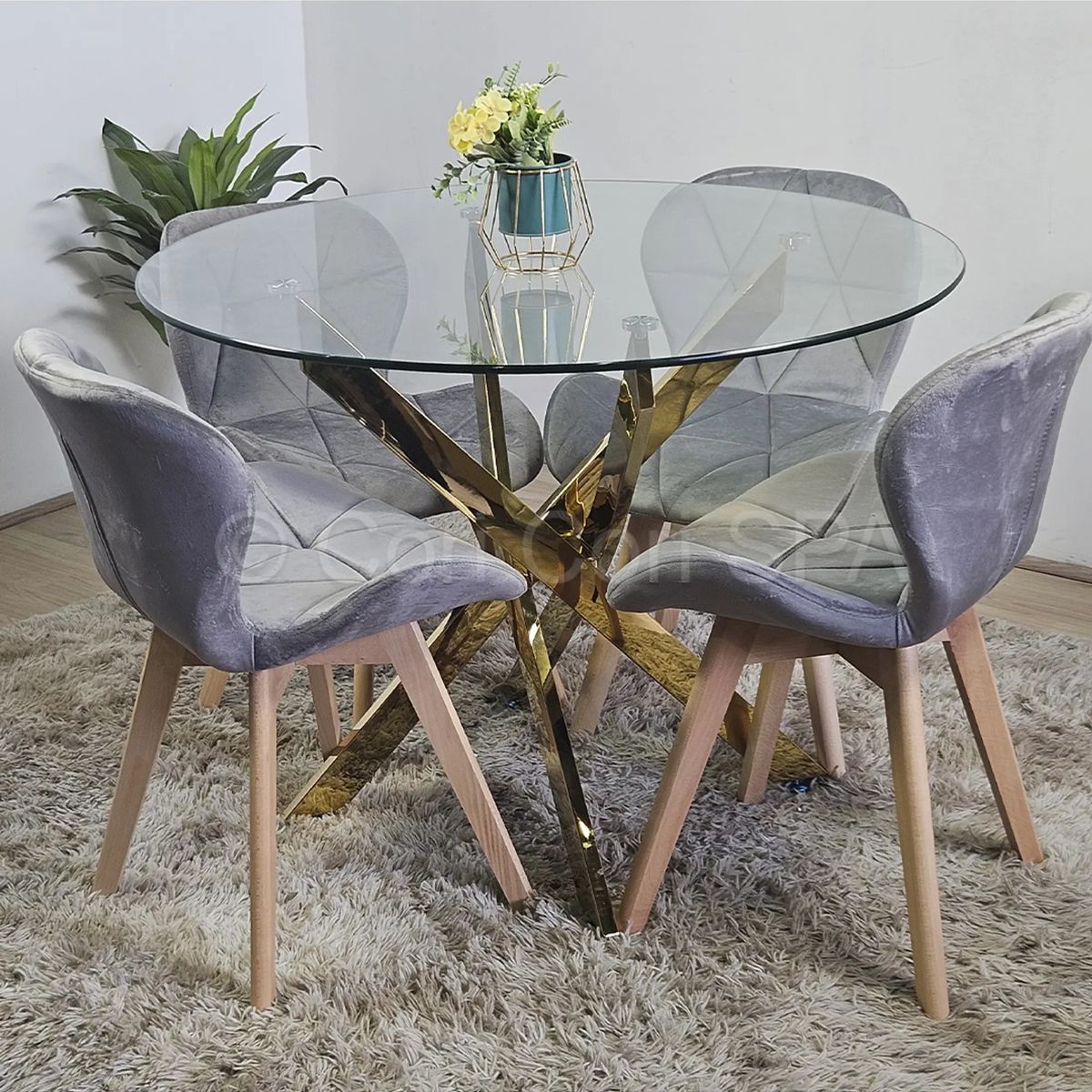 CORI CORI - Comedor Mesa Dubai Gold 100cm + 4 Sillas Mariposa Velvet Grises