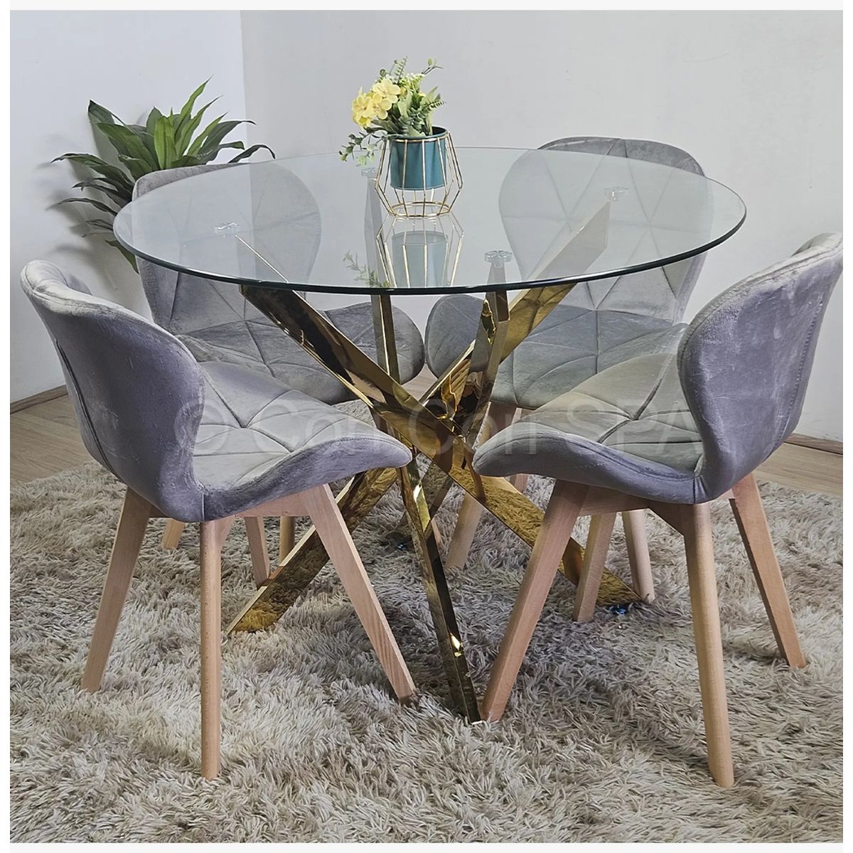 CORI CORI - Comedor Mesa Dubai Gold 100cm + 4 Sillas Mariposa Velvet Grises