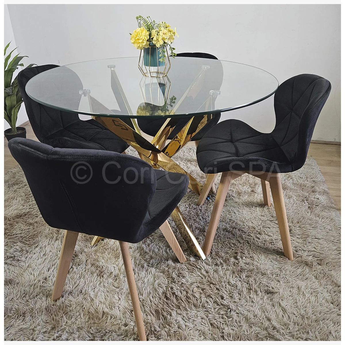 CORI CORI - Comedor Mesa Dubai Gold 100cm + 4 Sillas Mariposa Velvet negras
