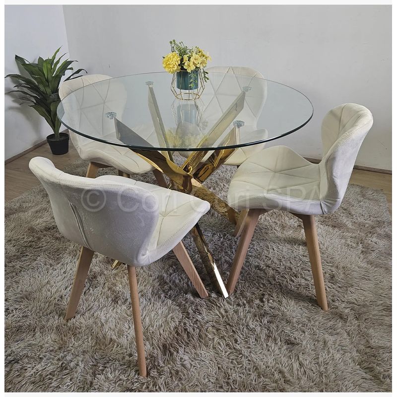 CORI CORI - Comedor Mesa Warwick Gold 120cm + 4 Sillas Mariposa Velvet Beige