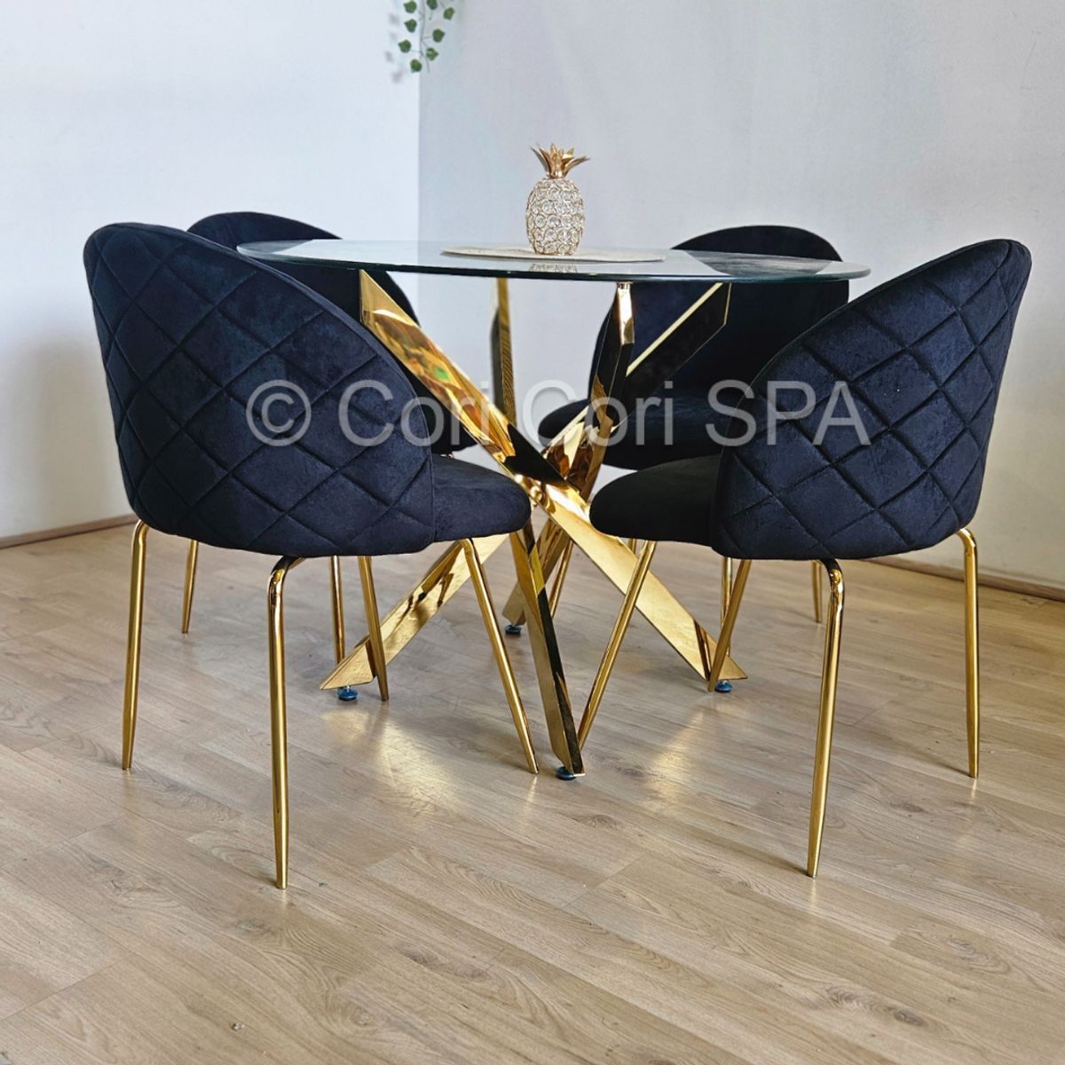 CORI CORI - Juego de Comedor Dubai Gold 120cm + 4 Sillas Bread Gold Negras