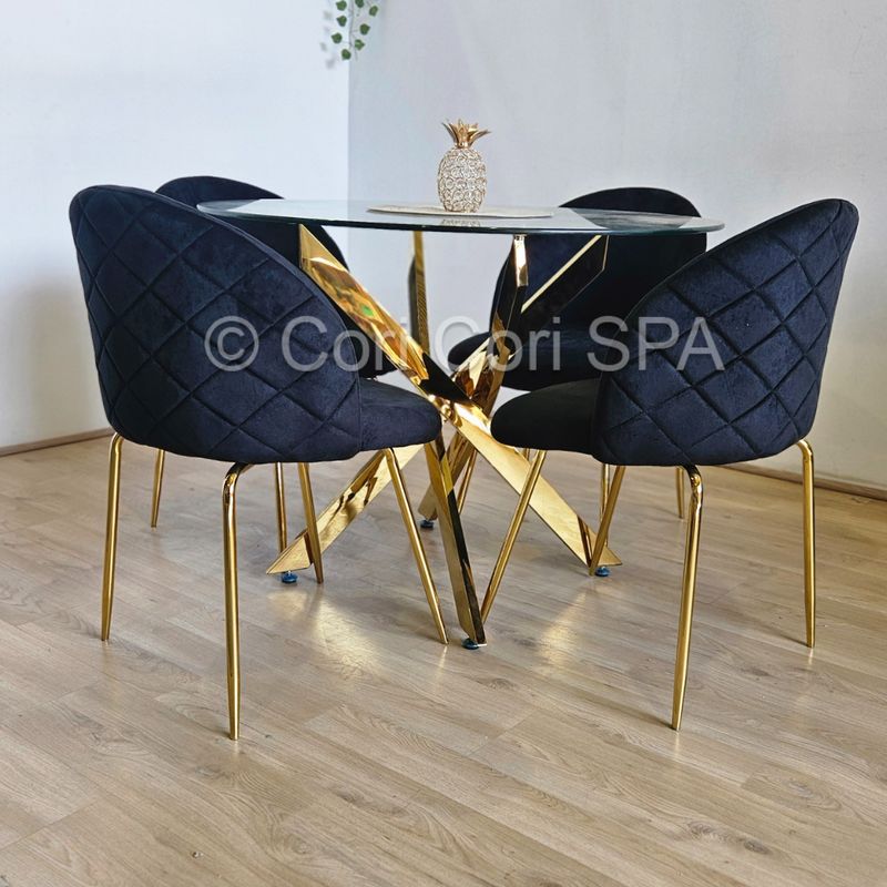 CORI CORI - Juego de Comedor Warwick Gold 120cm + 4 Sillas Bread Gold Negras