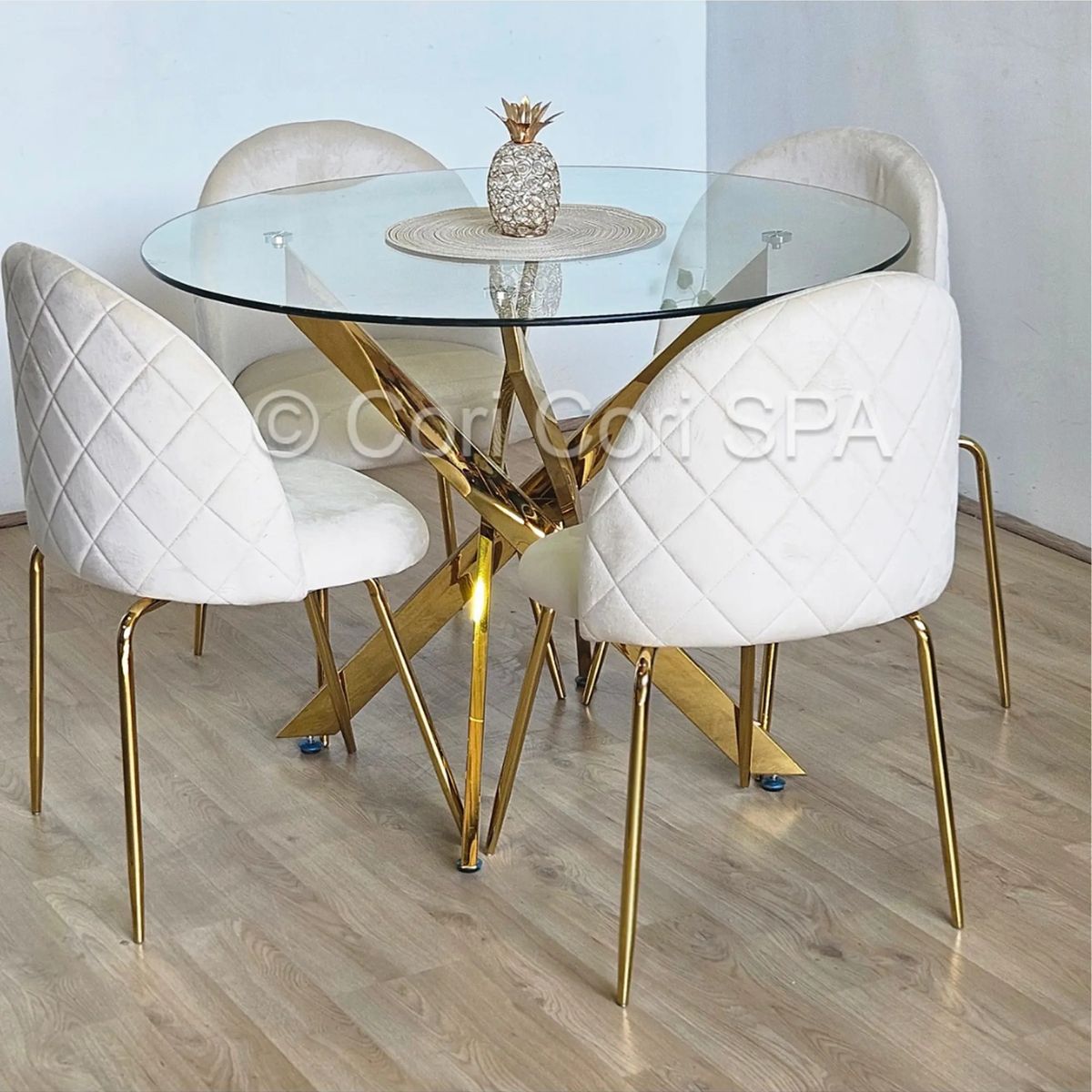 CORI CORI - Juego de Comedor Dubai Gold 120cm + 4 Sillas Bread Gold Beige