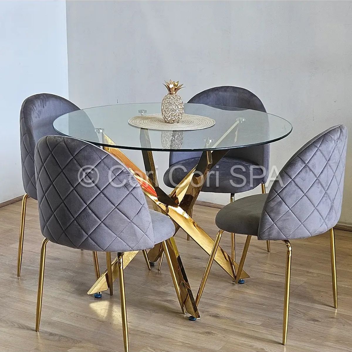 CORI CORI - Juego de Comedor Dubai Gold 120cm + 4 Sillas Bread Gold Grises