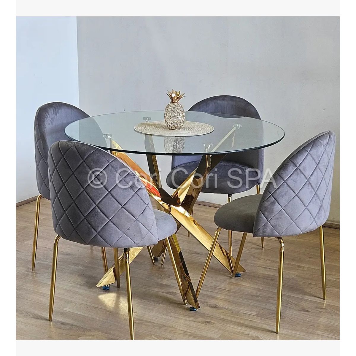 CORI CORI - Comedor Mesa  Dubai Gold 100cm + 4 Sillas Bread Gold Grises