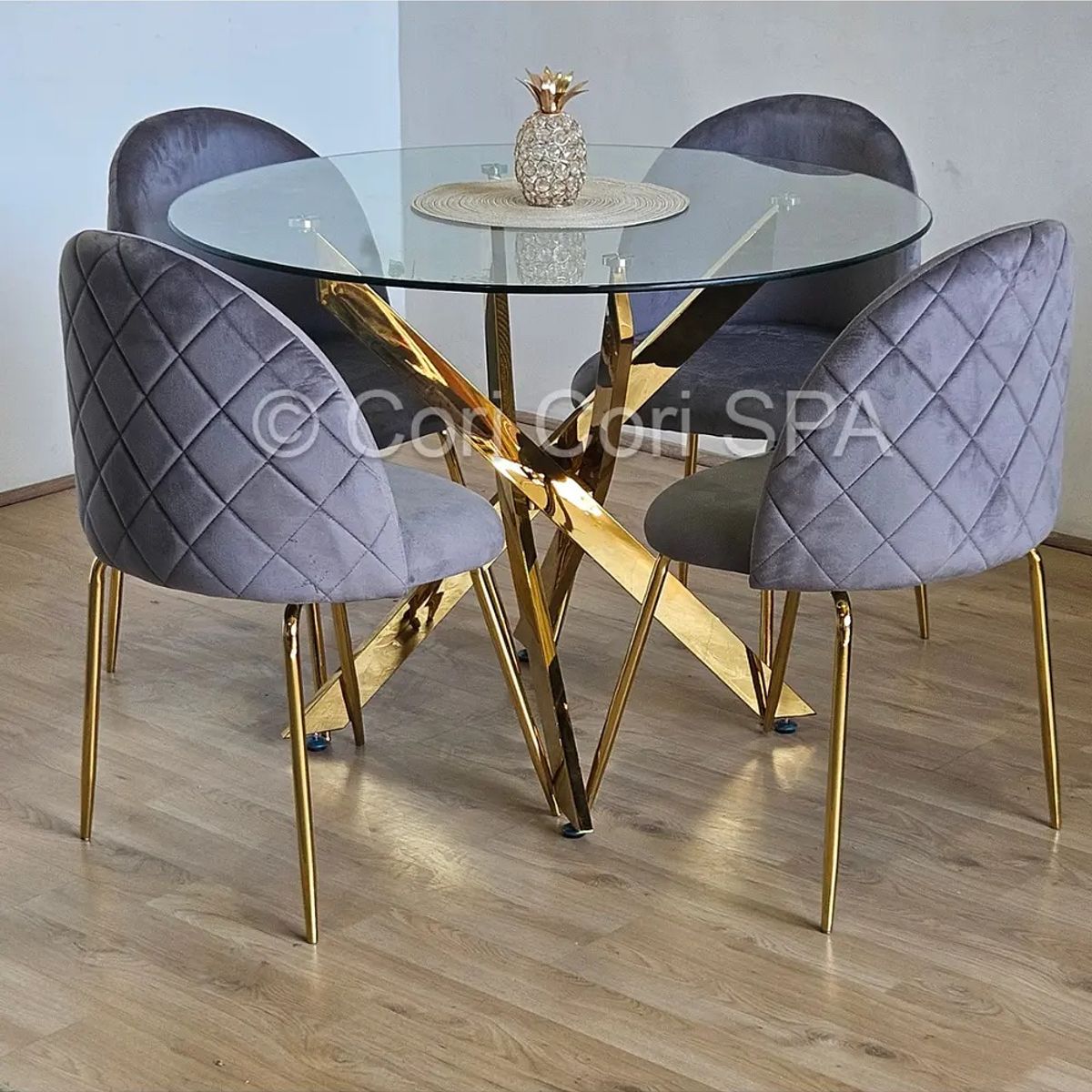 CORI CORI - Comedor Mesa  Dubai Gold 100cm + 4 Sillas Bread Gold Grises