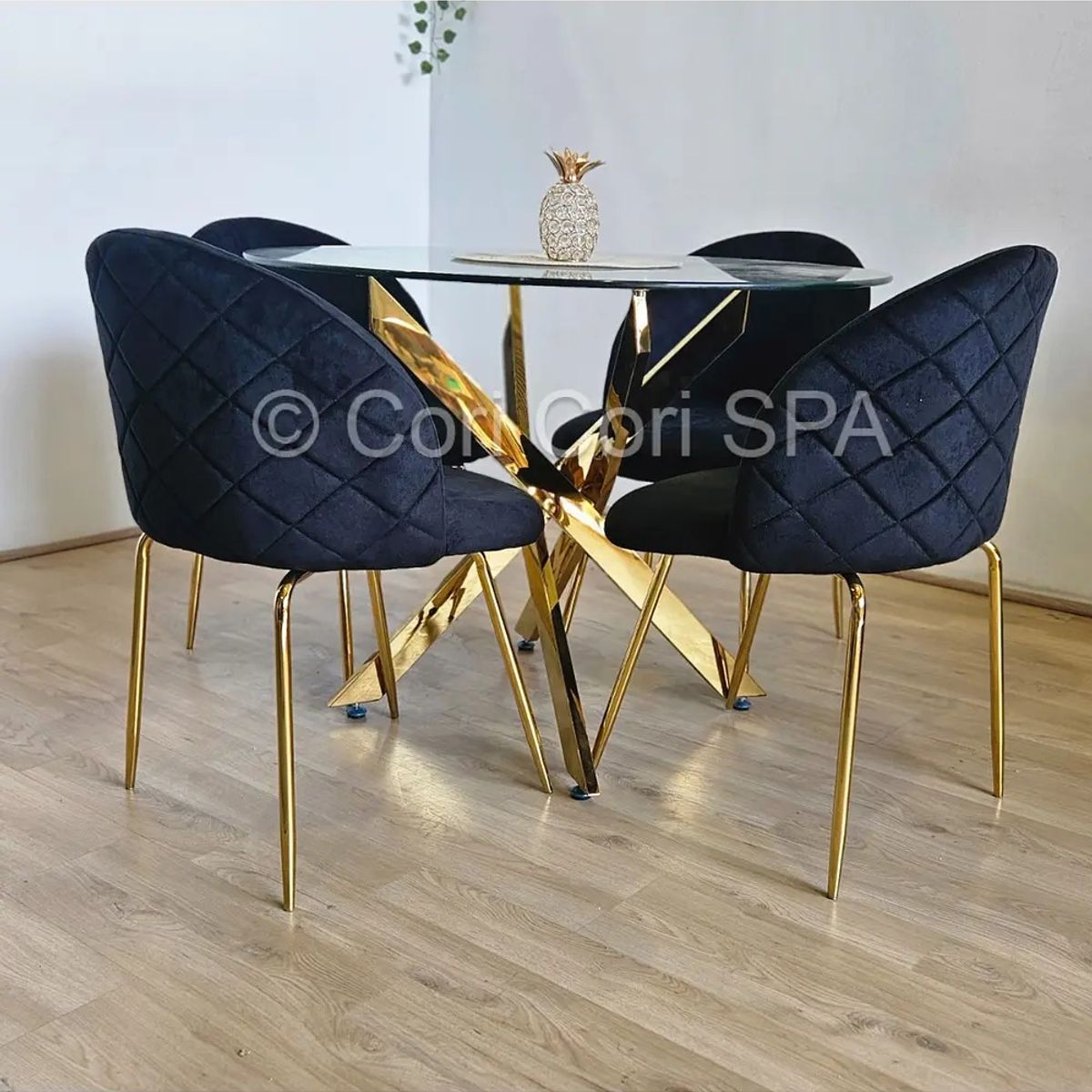 CORI CORI - Comedor Mesa Dubai Gold 100cm + 4 Sillas Bread Gold Negras